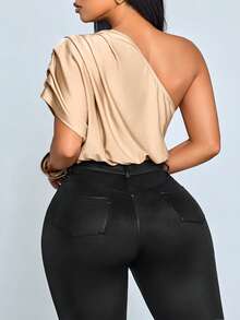 SOLERSUN Plus Size Women's Elegant Solid Color One-Shoulder Pleated Bodysuit, Valentine's Day Bodysuit, Carnival Bodysuit, Easter Bodysuit. - Khaki - View 5