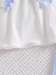 Sparklyn Bộ đồ 2 món cho bé gái: Áo sơ mi trắng có họa tiết hoa và nơ + Quần ống rộng màu xanh có họa tiết, thích hợp mặc hàng ngày và đi nghỉ mát, mùa hè. - Màu xanh lam - Xem 5