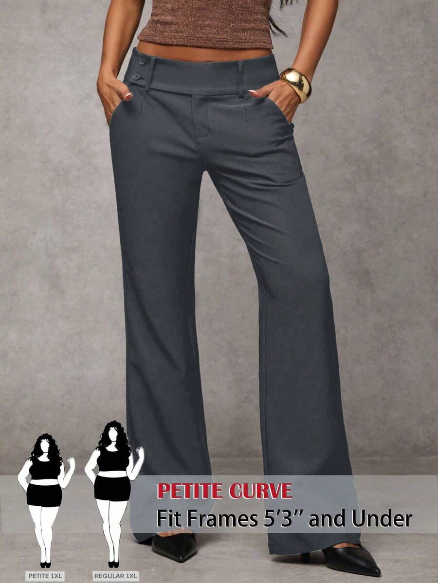 SHEIN PETITE CURVE 大码女式纯色口袋休闲喇叭裤 - 深灰色 - 查看 1