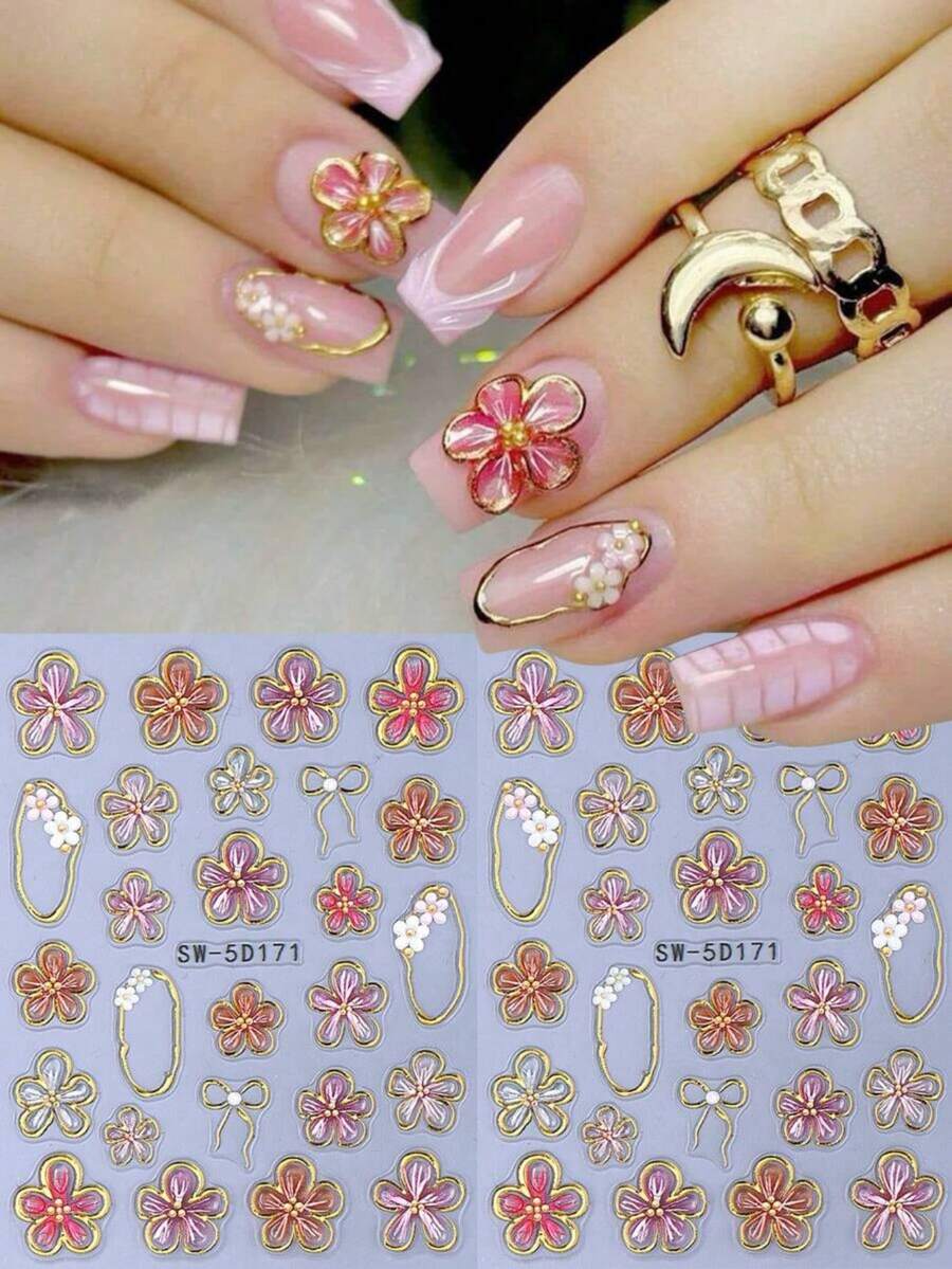 2 miếng dán móng tay hình hoa 5D dập nổi mạ vàng, họa tiết hoa dâm bụt hồng, bán trong suốt, tự dính, thích hợp cho mùa xuân hè. - Nhiều màu - Xem 1