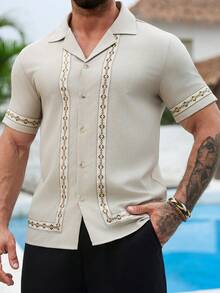 VENTUSAIL 男士米色幾何印花短袖襯衫，夏季波西米亞風 Guayabera 風格領開襟襯衫，復古度假休閒度假風 - 杏色 - View 6