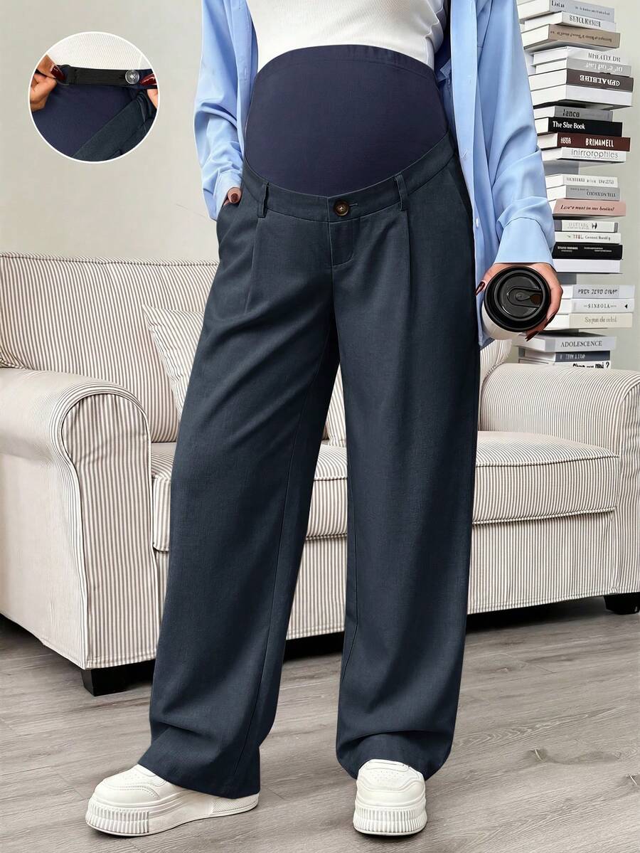 SHEIN Adjustable Waist Pocket Casual Versatile Maternity Pants For Daily Wear - Navy Blue - View 1
