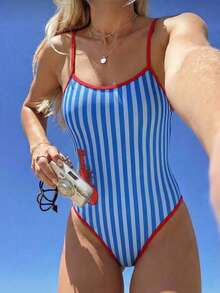 Swim Mod Bộ đồ bơi liền thân gợi cảm, cắt cao, dành cho nữ mùa hè 2026, kiểu dáng dễ thương, phong cách influencer, dây mảnh, họa tiết hoạt hình tôm hùm kẻ sọc, hở lưng. - Màu xanh lam - Xem 4