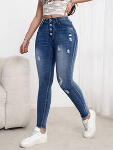 SHEIN ICON 女士纽扣前袋做旧修身牛仔裤 - 藍色 - 查看 6