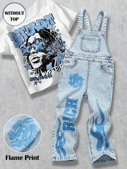 Quần yếm denim ống loe in chữ và ngọn lửa dành cho bé trai, kiểu dáng thường ngày, đa năng.