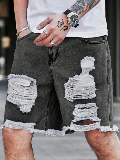 EGENSIO Plus Size Men's Casual Distressed Pocket Button Denim Shorts, Versatile For Daily Wear