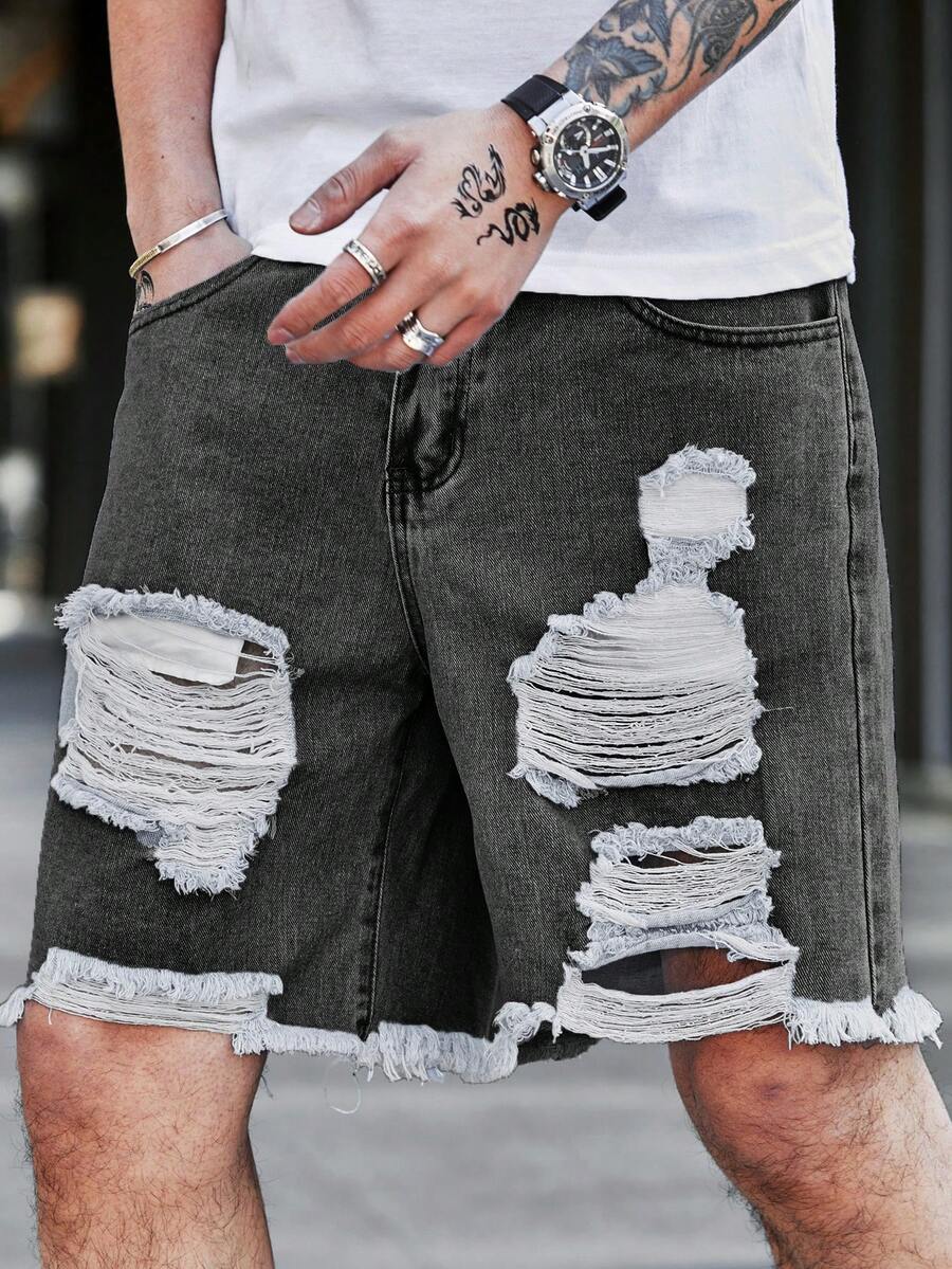 Manfinity Homme Plus Size Men's Casual Distressed Pocket Button Denim Shorts, Versatile For Daily Wear - Light Grey - View 1