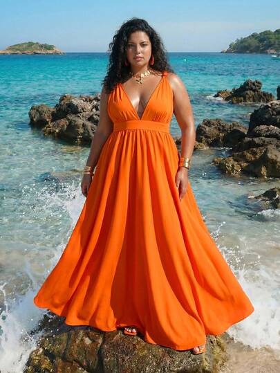 SHEIN CURVE+ Curve Size US22Music Festival, Seaside Vacation, Bohemia Women's Spring And Summer Vacation Sexy Solid Color Orange Deep V-Neck Tied Long Dress Plus Size Orange Dress Orange Maxi Dress