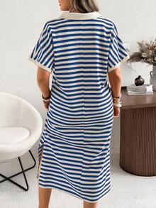 Ceyna Plus Size Striped Knit Casual Vacation Mini Dress, Spring/Summer - Royal Blue - View 2