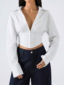 LYSMO 2026新款简约白色长袖女式衬衫，休闲日常穿着，时尚上衣/女士休闲衬衫 - 白色 - 查看 1