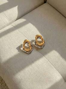 Resyla 2pcs Fashionable Asymmetrical Double-Layered Hoop Earrings With Simple Gold & Silver Geometric Lines - Stud - View 15