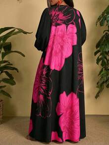 SHEIN CURVE+ Curve 尺码 US22 音乐节、海滨度假、波西米亚风女士花卉图案灯笼袖长袍和裤子宽松两件套 - 彩色 - 查看 2