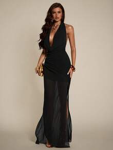 SHEIN BAE Women's Solid Color Plunging Neckline Side Slit Hem Elegant Halter Dress,Summer Dresses For Women - Black - View 7