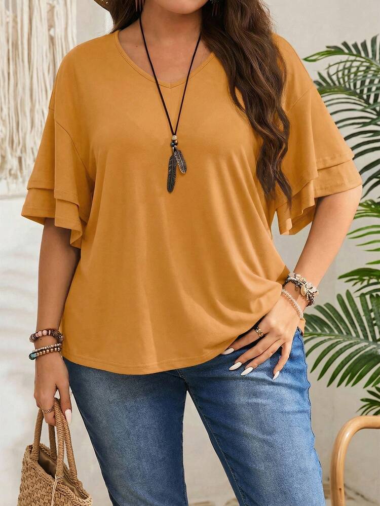 Plus Size Women Solid Color V-Neck Ruffle Sleeve T-Shirt