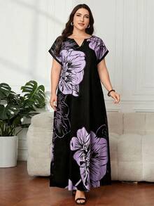 Al Najma Plus Size Women Floral Pattern V-Neck Elegant Arabic Style Dress - Purple - View 4
