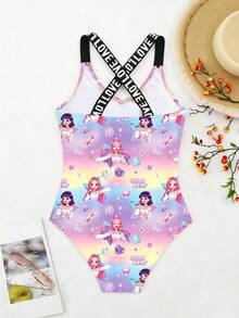 Tween Girls' Summer Beach Vacation K-Pop Cartoon Character Ombre Print Letter Criss-Cross Back One-Piece Swimsuit - Multicolor - View 2