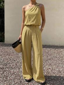 Livesso Spring & Summer Fashion Yellow Bow Metal Decor Asymmetrical Shoulder Short Top Tee & Straight Leg Casual Pants 2-Piece Set, Business Casual, Vacation, Commute Wear For Women - Mustard Yellow - View 5