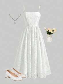 Pitira Vestido midi de encaje blanco para niñas preadolescentes, elegante para vacaciones, fiestas, bodas, regreso a la escuela, graduación - Blanco - Ver 6