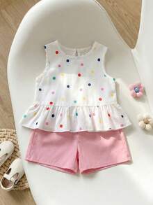 Young Girl Polka Dot Round Neck Ruffle T-Shirt And Shorts Casual Daily Outfit - Multicolor - View 4