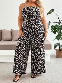 Plussiva Plus Size Maternity Jumpsuit For Summer Black Floral Jumpsuit-Comfortable And Casual Vacation Style All-Over Print Daily Wear Maternity - Black - View 3
