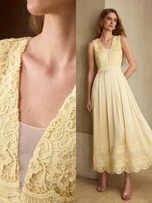 MOTF PREMIUM GAUN PANJANG SATIN BERKILAU MODEL A-LINE RENDA ELEGAN ROMANTIS UNTUK WANITA - Kuning - View 7