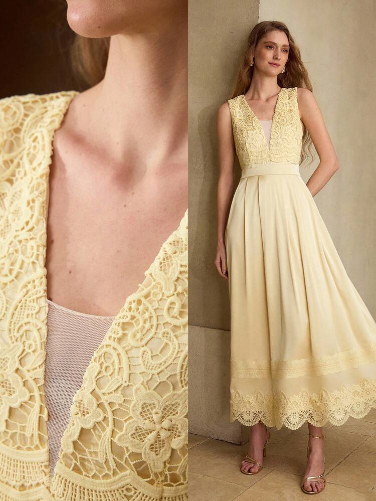 WOMEN'S ROMANTIC ELEGANT V-NECK LACE A-LINE SATIN SHINY LONG DRESS