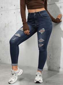 Jeans Skinny de Tiro Alto con Realce Levanta Cola y Rasgados para Mujer - Azul Marino - Ver 2