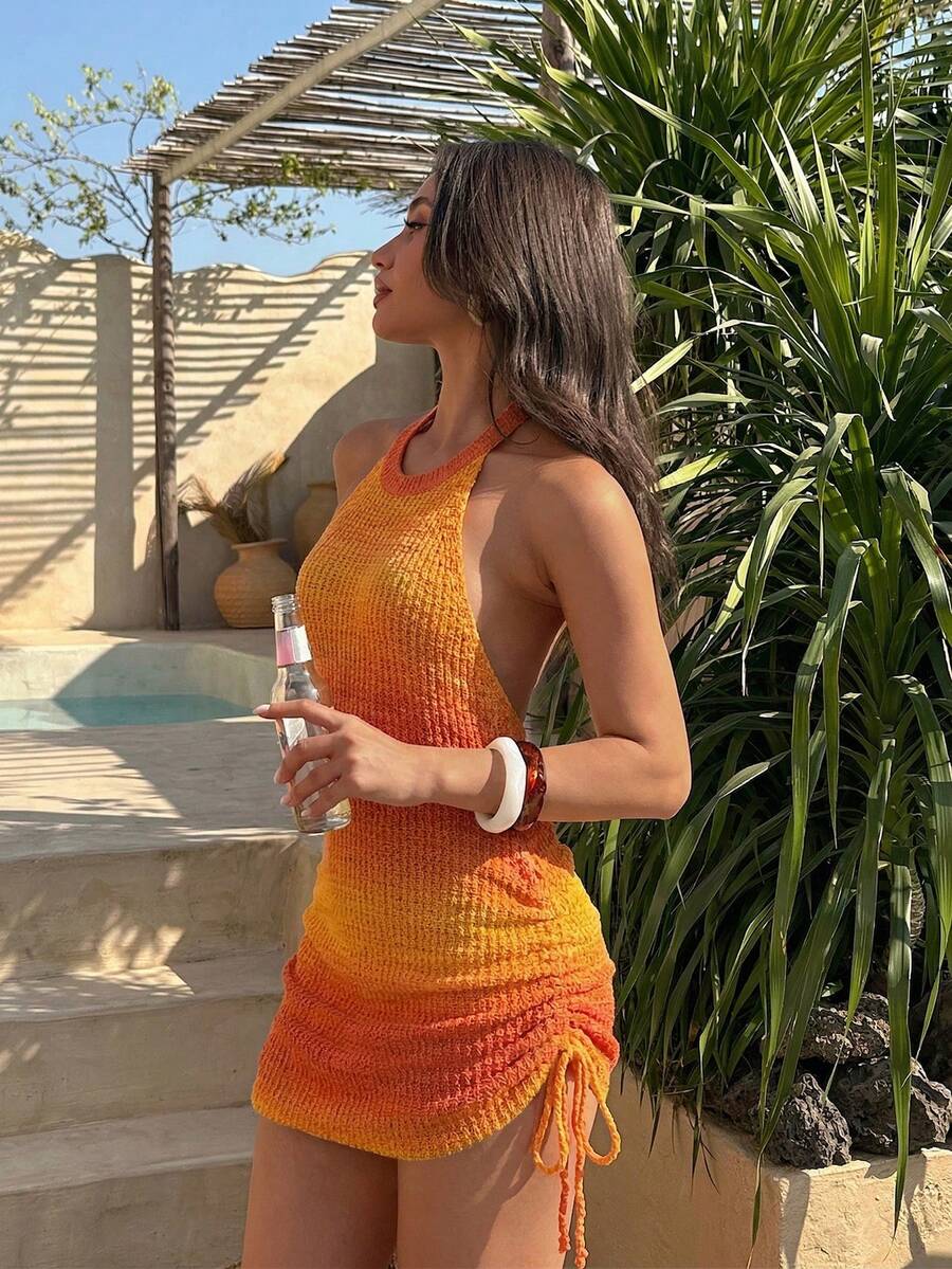 Selianne Elegant Gradient Halter Backless Drawstring Vacation Beach Dress, Suitable For Spring/Summer - Multicolor - View 1