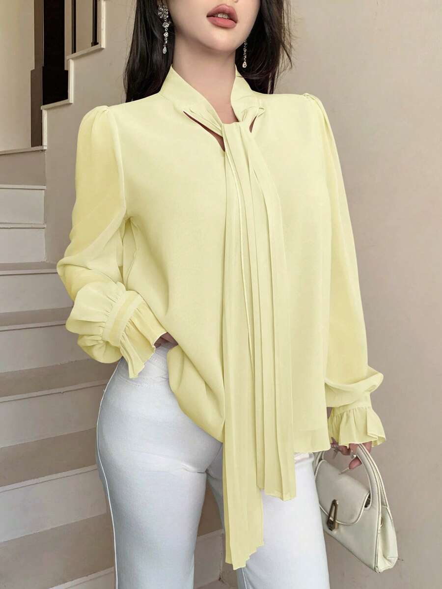 Modelyn French Elegant Ribbon Decor Long Sleeve Blouse, Slimming & Graceful, Autumn, Pink - Yellow - View 1