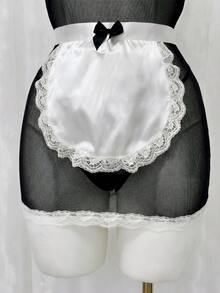 Spicy Aura 4 piezas Disfraz de sirvienta clásico con encaje y parches de malla transparente, con corbata de moño, ajustado - Blanco y Negro - Ver 10