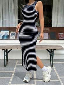 SHEIN EZwear EZwear 女士条纹露背侧开衩中长连衣裙，藏蓝色 - 藏蓝色 - 查看 4