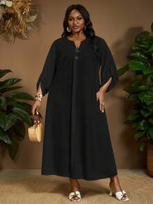 SHEIN CURVE+ 2025 Nouvelle robe d'été blanche décontractée à revers roulés et ample, polyvalente et minimaliste pour tous les jours. Robe d'été pour femme, tenue de plage, robe de plage, tenue de vacances à la plage, tenue de remise de diplôme, robe de garden-party, tenue d'été, tenue de campagne, tenue de vacances à la plage - Noir - Voir 3