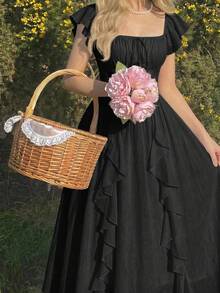 xheSHEIN MOD Vestido largo con mangas de farol y volantes en color albaricoque, vestidos de mujer para otoñoxhe - Negro - Ver 4