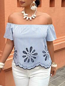 Weeklong Plus Size Women's Off-Shoulder Vacation Shirt With Floral Stripes And Ruffle Hem, Suitable For Daily And Vacation Wear - Multicolor - View 4