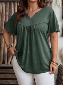 Miaspire Plus Size Summer Casual Solid Color Notched Neck T-Shirt - Green - View 6
