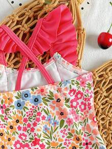 SHEIN Vintaside Kids Maillot de bain une pièce à fleurs Ditsy pour nouveau-né, avec volants à l'ourlet, style ajusté décontracté, adapté pour les vacances - Multicolore - Voir 4