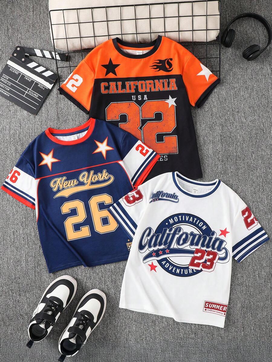 SHEIN 3件套青少年男童休闲简约Y2K时尚英文字母和数字23运动复古美式撞色舒适短袖T恤，适合春夏穿着，日常穿着，运动，外出，上学，聚会，节日，拍照