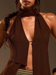 Athîral Women's Solid Color Halter Backless Sexy Versatile Blouse For Dates & Outings,Summer Top - Brown - View 5