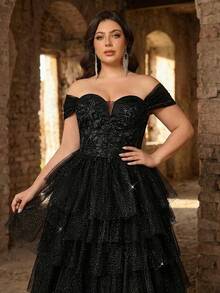 Aureia Váy maxi xòe cỡ lớn, sang trọng, thanh lịch với ren thêu, đường may xương cá, đính sequin và lưới, xẻ tà, thích hợp cho đám cưới, sự kiện, tiệc tùng, kỳ nghỉ, dạ hội (đính kèm nhiều chi tiết trang trí). - màu đen - Xem 2
