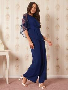 Amorya 女士优雅不对称扭结网纱花卉刺绣喇叭袖上衣和裤子套装 - 藏蓝色 - 查看 7