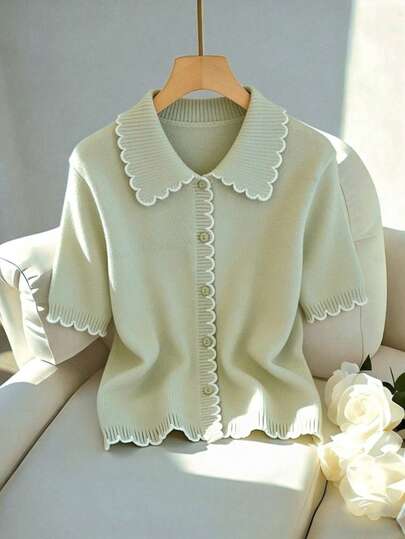 Franclia Mint Green And White Ruffled Trim, Fashionable, Simple And Elegant Women's Top, Suitable For Business Commuting, Work, Casual Wear, Vintage Style, Holiday Wear, Women's Spring And Summer Outfits, Short-Sleeved, Loose-Fitting, Short-Length Cardigan Knit Top.