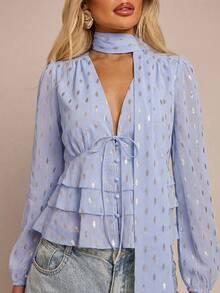 Glamine Chemise décontractée de style français pour femmes avec motif de feuilles dorées métalliques, ruban amovible, ourlet à volants multicouches, convenant à l'automne et à l'hiver - Bleu ciel - Voir 6