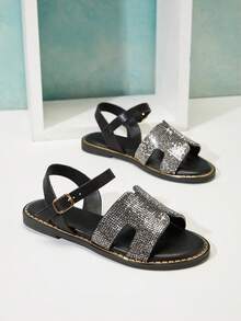Mini mi Sandal đế bằng màu đen đính đá lấp lánh cho bé gái, kiểu dáng hở gót, quai ngang mắt cá chân, đế viền vàng, sang trọng và sẵn sàng cho mùa hè. - màu đen - Xem 7
