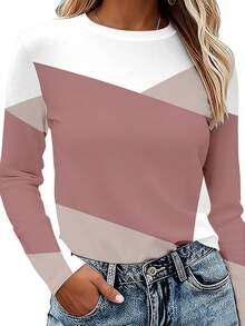 EMERY ROSE Set de 3 camisetas de manga larga para mujer, con diseño de bloqueo de color y estampado de patchwork, diseño de patrón clásico, versátil, adecuado para uso al aire libre, viajes y uso diario, cómodo - Multicolor - Ver 12