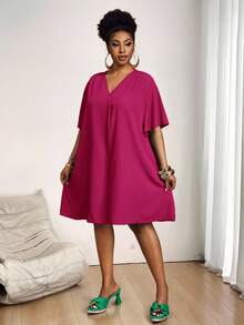 Slaydiva Đầm nữ tay ngắn bằng chiffon, cổ chữ V, dáng rộng, tay bồng, kiểu dáng thanh lịch, thường ngày hoặc công sở, thích hợp cho lễ Phục sinh/miền Tây. - Màu Hồng Tươi - Xem 8