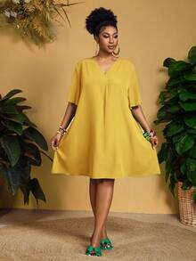 Slaydiva Nuevo vestido casual/de negocios casual elegante de Pascua/Occidental para mujer con mangas cortas, cuello en V de gasa, mangas sueltas con volantes - Amarillo - Ver 6