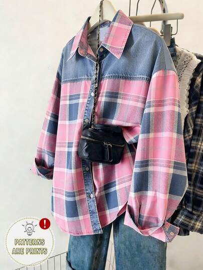 Resyla Women's Imitation Denim Plaid Spliced Shirt / Daily Casual / Summer