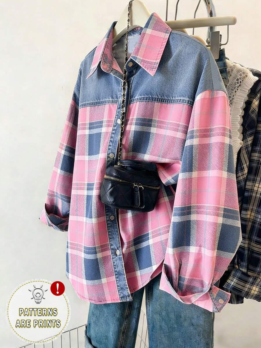 Resyla Camisa de mujer con efecto de mezclilla y cuadros estampados / Casual diario / Verano - Multicolor - Ver 1