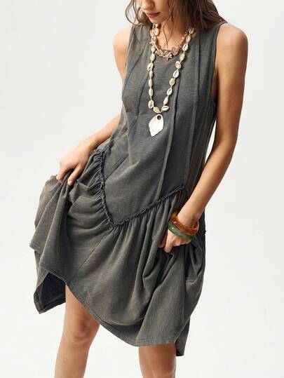 Bohemela 女士休闲纯色针织不对称荷叶边下摆无袖宽松水洗连衣裙