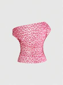 ROMWE J-Fashion 大码女式樱桃豹纹蝴蝶结装饰斜肩时尚T恤，适合约会穿着 - 粉色 - 查看 2